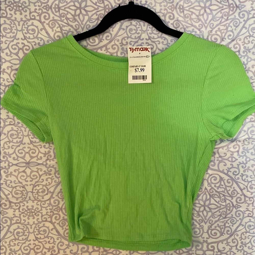 Green Ribbed Short Sleeve Crop Top